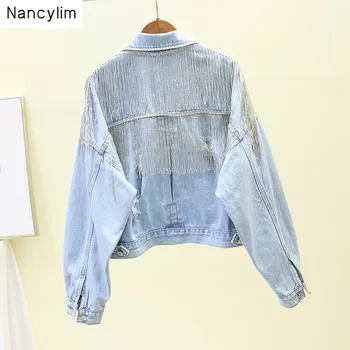

Spring Autumn Light Blue Denim Jacket Womans New Broken Hole Beaded Tassel Jeans Coat Short Jacket Student Loose Basic Coats