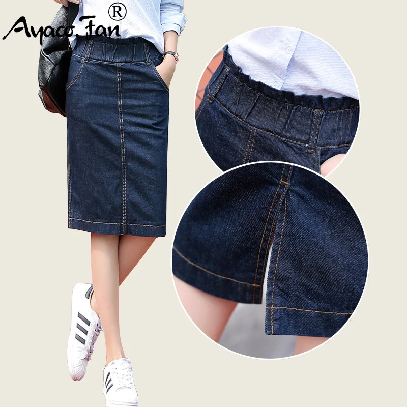 

New 2019 Preppy Style Midi Pencil Jeans Skirt Women Fashion Elastic High Waist Office Sweet Lady Casual Bodycon Skirts Saias