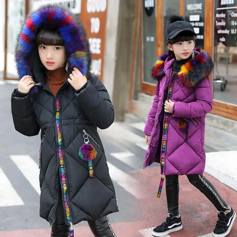 

-30 degrees Girls Cotton-padded Outerwear & Coats 2018 Winter Children Warm Clothes fashion multicolour Fur Collar Jacket 3-14 Y
