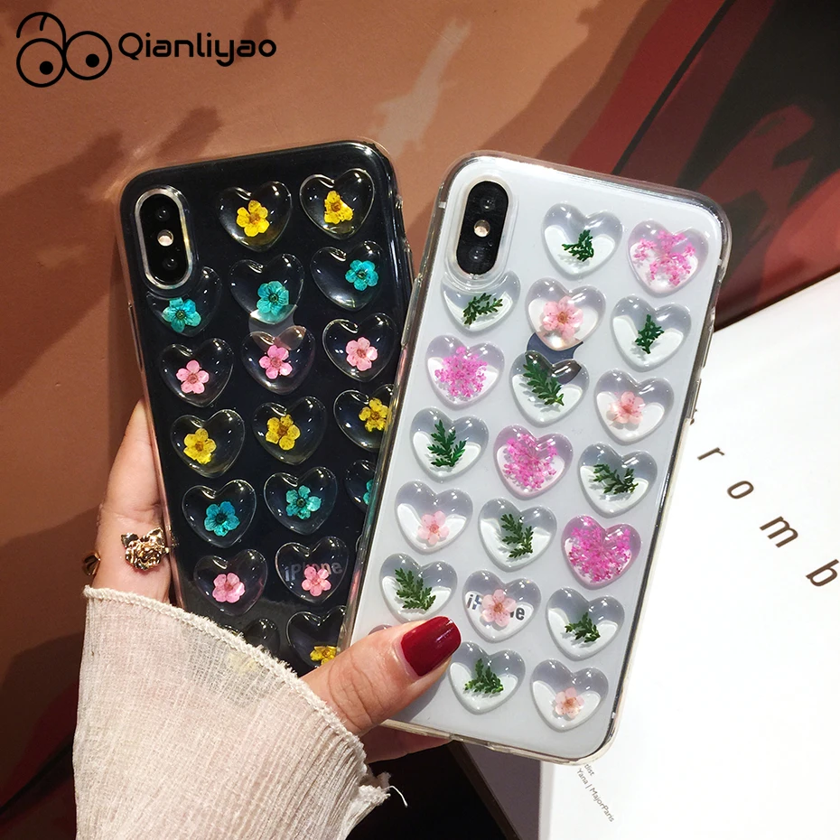 

Qianliyao Cute 3D Love Heart Dried Flower Phone Case for iphone 6 6S 7 8 Plus X XS XR Max Real Flower Case Soft TPU Back Cover
