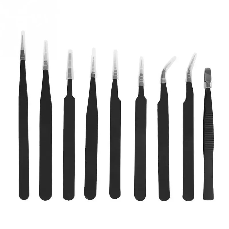 

9pcs Electronics Tweezers Black Stainless Steel Anti-static Tweezers Safe Nipper Hand Maintenance Tool Makeup Hand Tools
