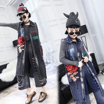 

Embroidery Ripped Hole Long Women Denim vest Spring Autumn New Sequin Waistcoat Women Streetwear Plus Size Ladies Jeans Vest 3XL