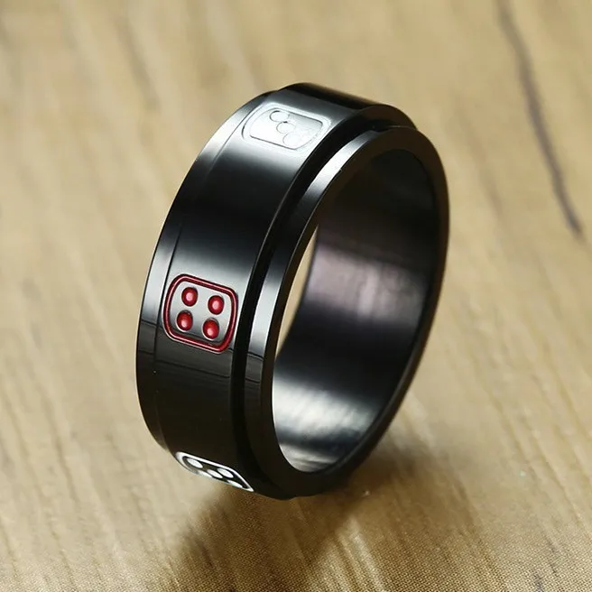

Luck 7 Vegas Creative Dice Pips Spinner Meditation Mens Ring in Black Stainless Steel Wedding Bands Worry Anxiety Jewelry