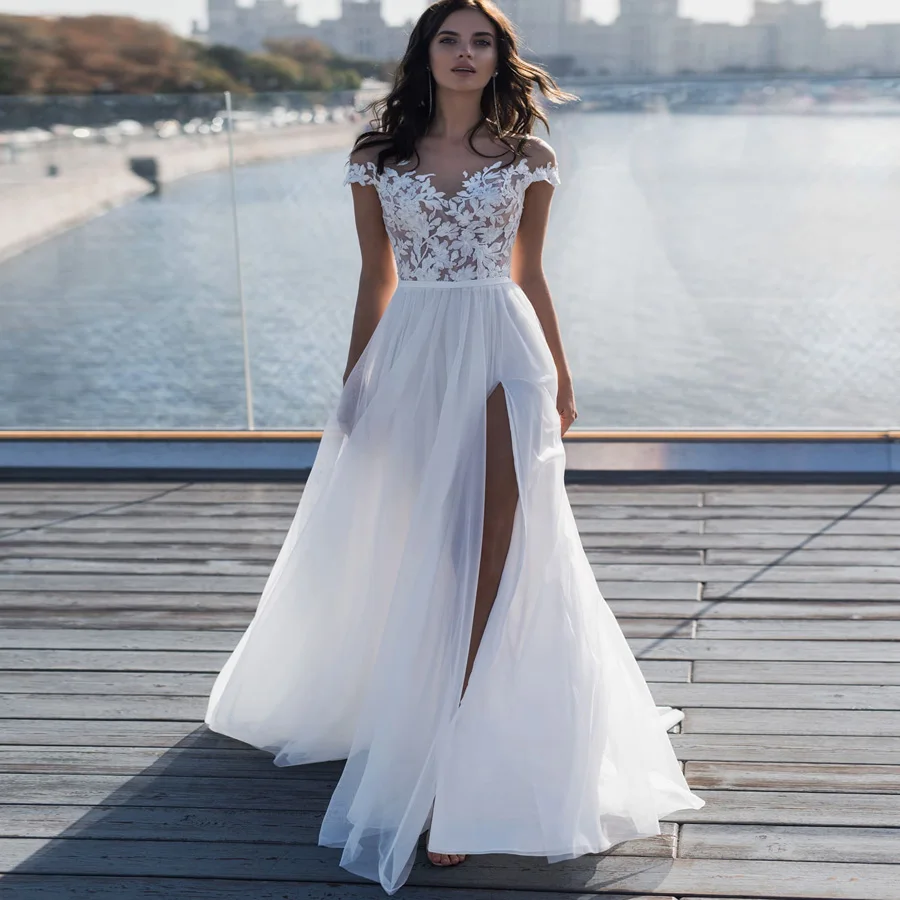 

Thinyfull Boho Simple Beach Wedding Dress 2019 A-Line Cap Sleeve Illusion Side Slit Elegant White Chiffon Bride Dress