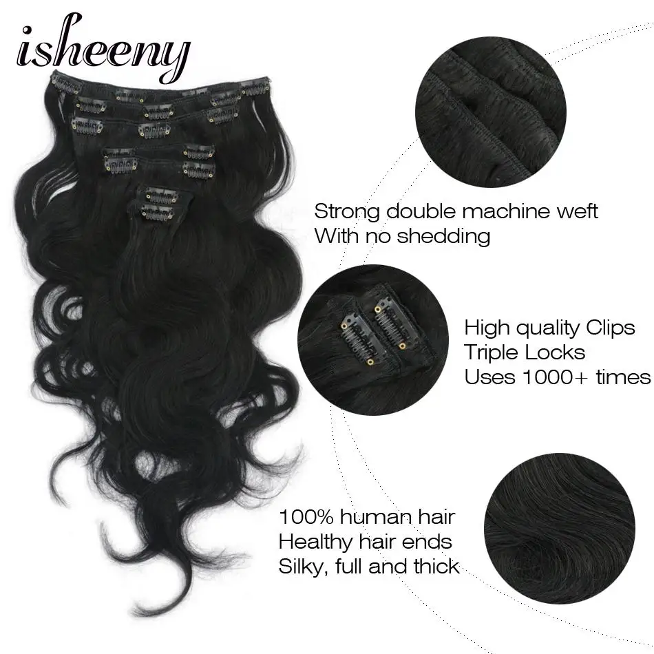 Isheeny 1" 16" 1" Remy темно-черный клип-in волосы для наращивания волнистые 7 шт./компл. клип в полной головке человеческие волосы