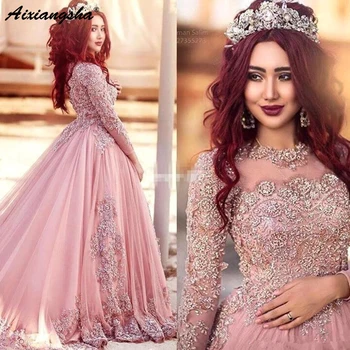 

Islamic Dubai Saudi Arabic Elegant Evening Gown Long Sleeves Tulle Lace Beaded Ball Gown Pink Muslim Long Evening Dresses 2018