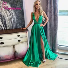 Green Evening Dresses Long 2019 Satin Beaded Belt Deep V-Neck Evening Party Dresses Sexy Side Slit Robe De Soiree Formal Dress army green deep v neck long sleeves slit hem casual dress