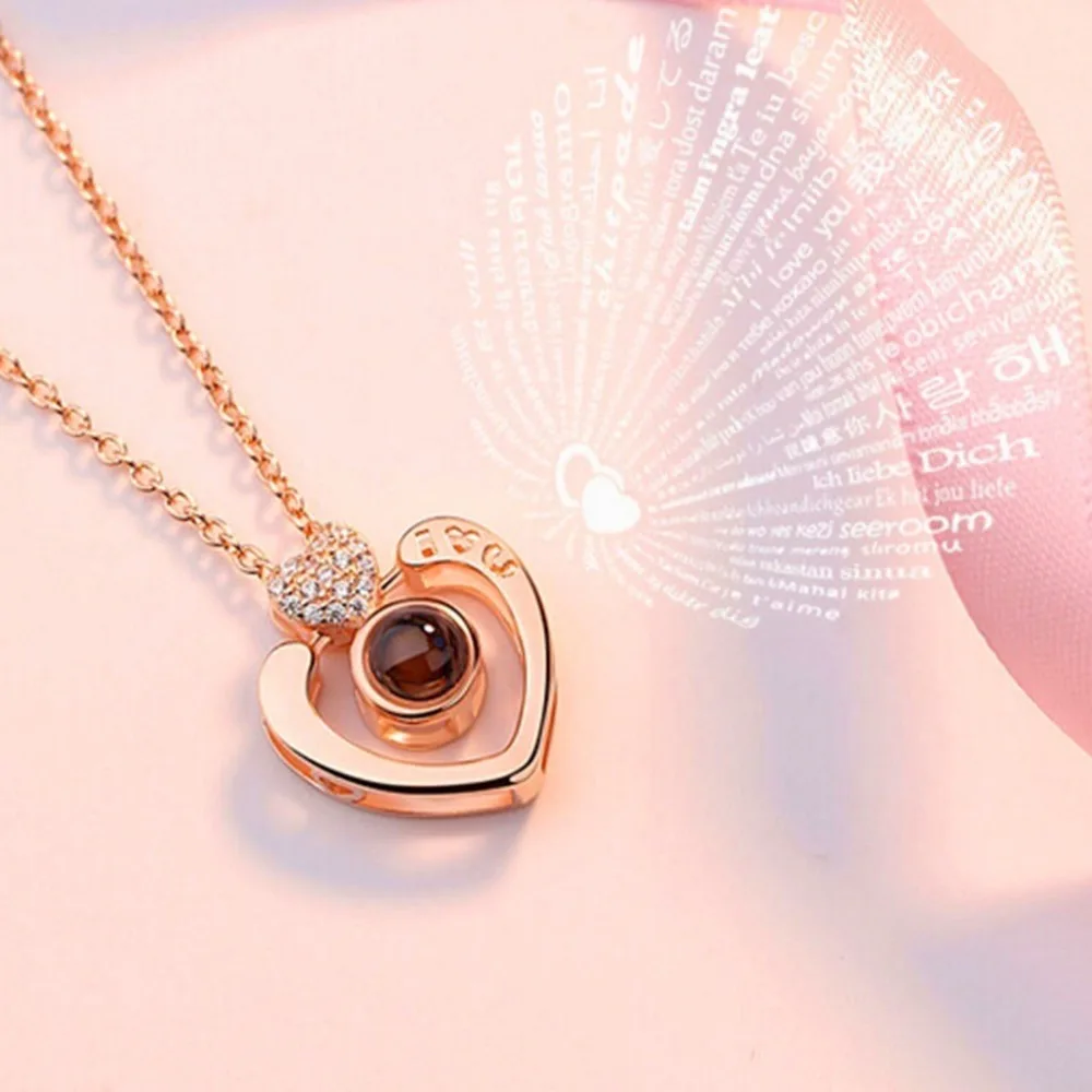 

100 languages I love you Projection Pendant Heart Necklace Romantic Love Memory Wedding Best Lovers Gift Necklace