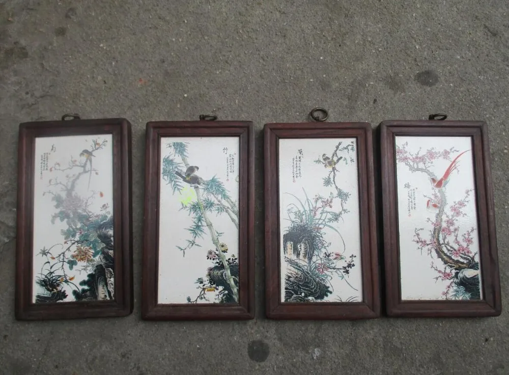 

Chinese old ceramics painting with wooden frame,Classical Plum,orchid,bamboo,chrysanthemum for wall decorative painting