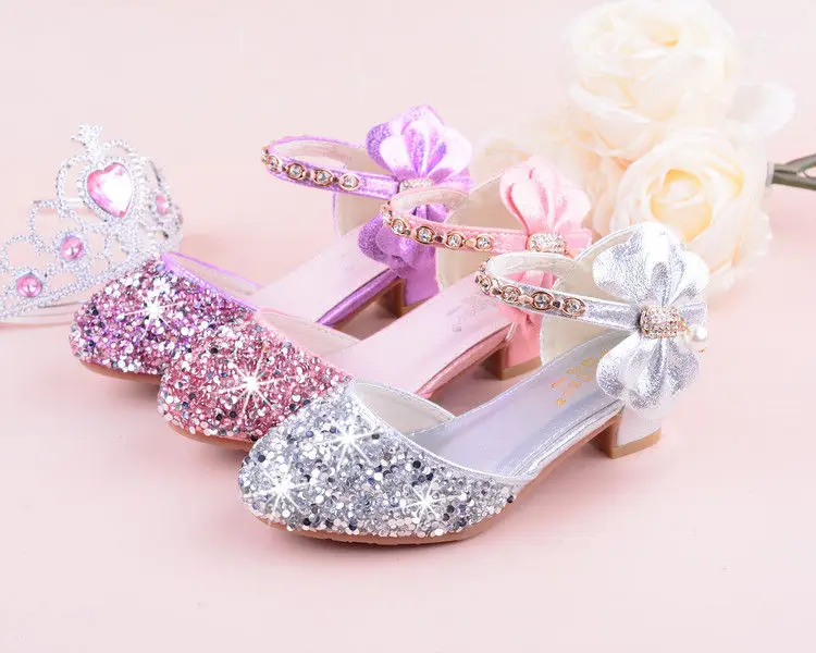 Girls Bow-knot Princess Shoes with High-Heeled, Kids Glitter Dance Performance Summer Shoes, Purple, Pink& Silver 26-38