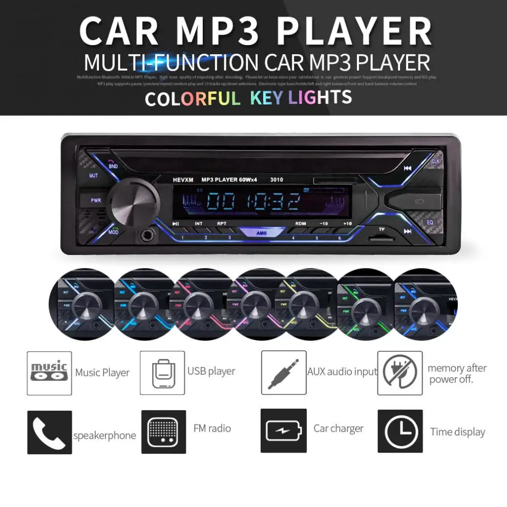 

12V 1 DIN In-Dash Bluetooth 7 Color Light Car Stereo FM Radio MP3 Audio Player Aux Input / USB / MP3 with Remote Control