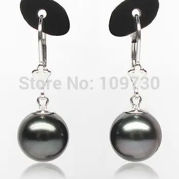 

ry00233 BEAUTIFUL BLACK!10.5MM ROUND TAHITIAN NATURAL PEARL 14K GOLD EARRING HIGH LUSTER