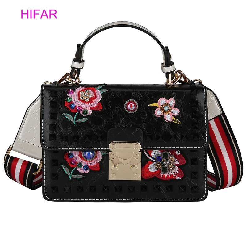 

HIFAR Luxury Brand Flower Flap Bag Women High Quality PU Leather Crossbody Shoulder Bag Square Embroidery rivet Messenger 2019