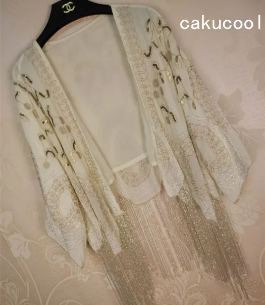 

Cakucool Women Sequined Chiffon Jackets Floral Embroid Beading Tassels Cappa Short Sun Protective Outerwear Bohemian Lady Tops