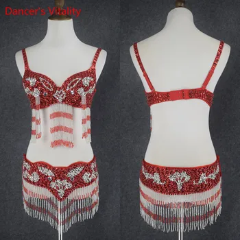 

Women Belly Dance Performance Clothes Eastern Style Beaded Bra & Belt 2 Pieces Set Costumes for Belly Dance Bra Costume