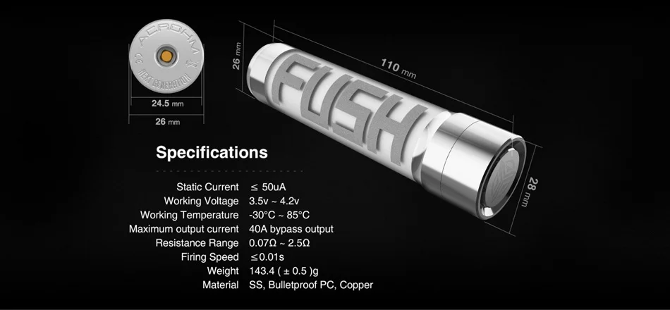 Acrohm Fush Semi-Mech Mod с передовым ACE чипом диаметром 26 мм электронные сигареты Vape Semi-mech светодиодный трубчатый мод