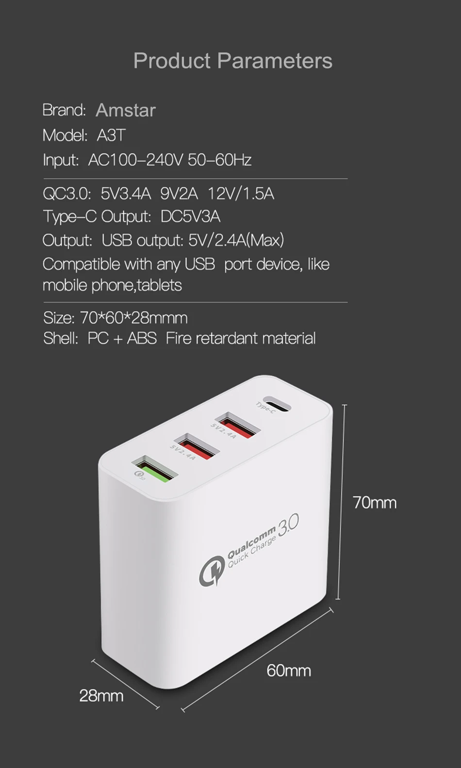 Amstar 36 Вт Quick Charge 3,0 USB Зарядное устройство Тип C благодаря зарядному устройству QC 3,0 4 Порты и разъёмы адаптер для iPhone samsung huawei Xiaomi дорожное настенное зарядное Зарядное устройство