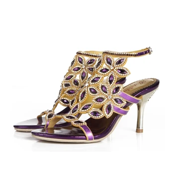 

Summer Large Size Purple Flower Pattern Rhinestone Stiletto Sandals Open Toe Retro Bohemian High Heels Beach Party Shoes