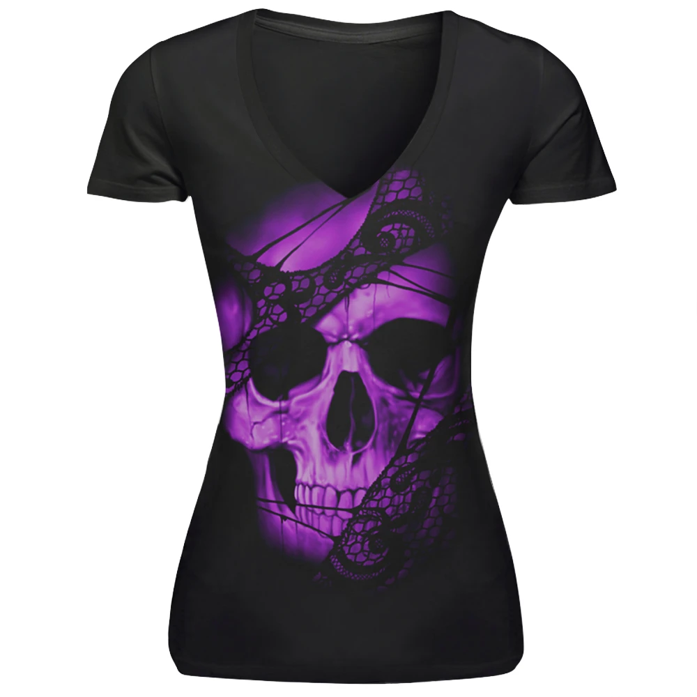 Sexy Purple Encaje cráneo 3D imprimir camisa mujeres manga corta cuello punk rock Camisetas Tees negro Tops camiseta ocasional mujer|tee shirt femme|printed shirt womenshirt femme -