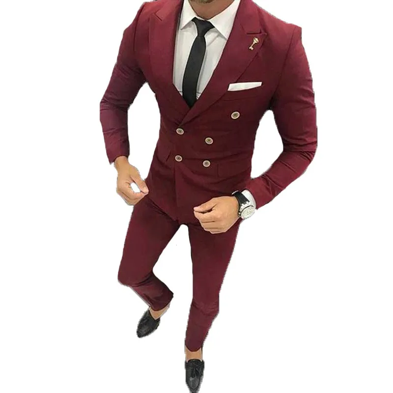 2020 Men Wine red Wedding Suits Peak lapel Slim Fit Suits Men Costume 2 Pieces Double breasted Prom Tuxedos Groom Men Suits