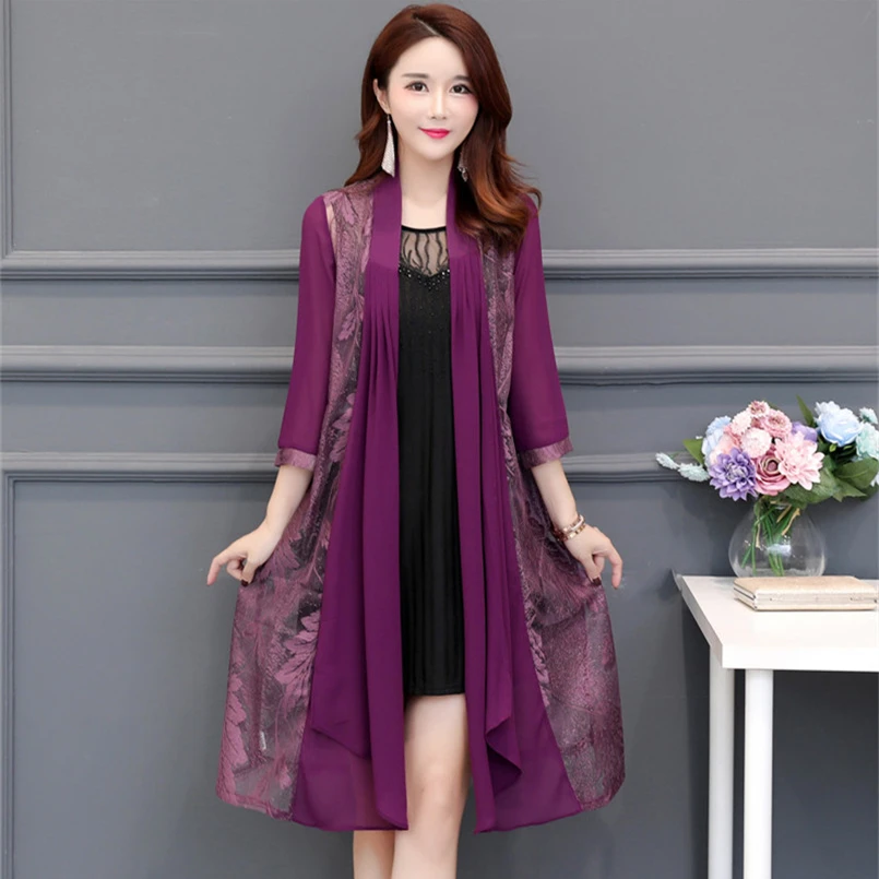 

Fashion Patched Ladies Open Chiffon Sun Blouse & Shirt Three Quarter Sleeves Summer Long Cardigan Blusas Mujer De Moda 2019
