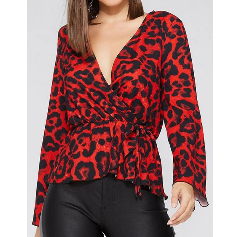 

Women Red Leopard Print Blouse Long Flare Sleeve Top Deep V Neck Sexy Shirt Ladies Blusas 2018 New Style Women Clothing AM0214
