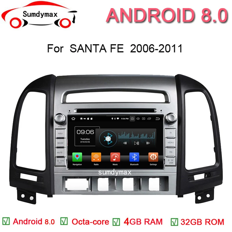 Android 8.0 Car DVD Player Radio GPS Navi Stereo Fit HYUNDAI SANTA FE 2006 2007 2008-2012 four hole HD 1024*600 Octa Core 4GB