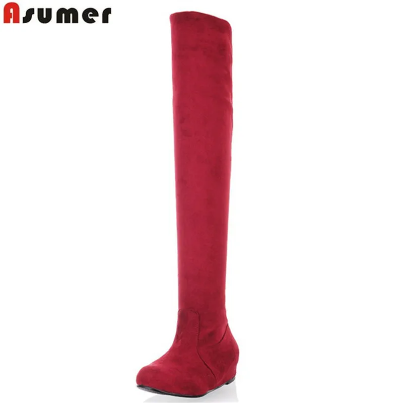 Vente ASUMER Plus La taille 34 47 nouvelle mode sur le genou bottes plat cuissardes en daim bottes bas prix noir femelle de mode bottes femmes