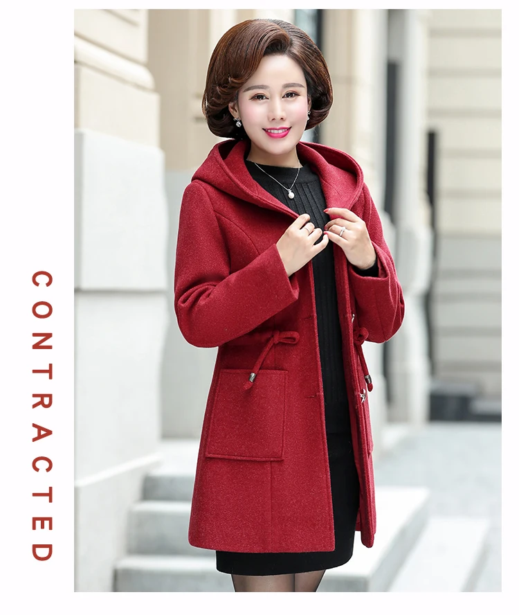 Осеннее Новое модное длинное женское пальто из искусственной шерсти, большие размеры, шерстяное пальто с капюшоном для мамы среднего возраста, женское элегантное приталенное пальто