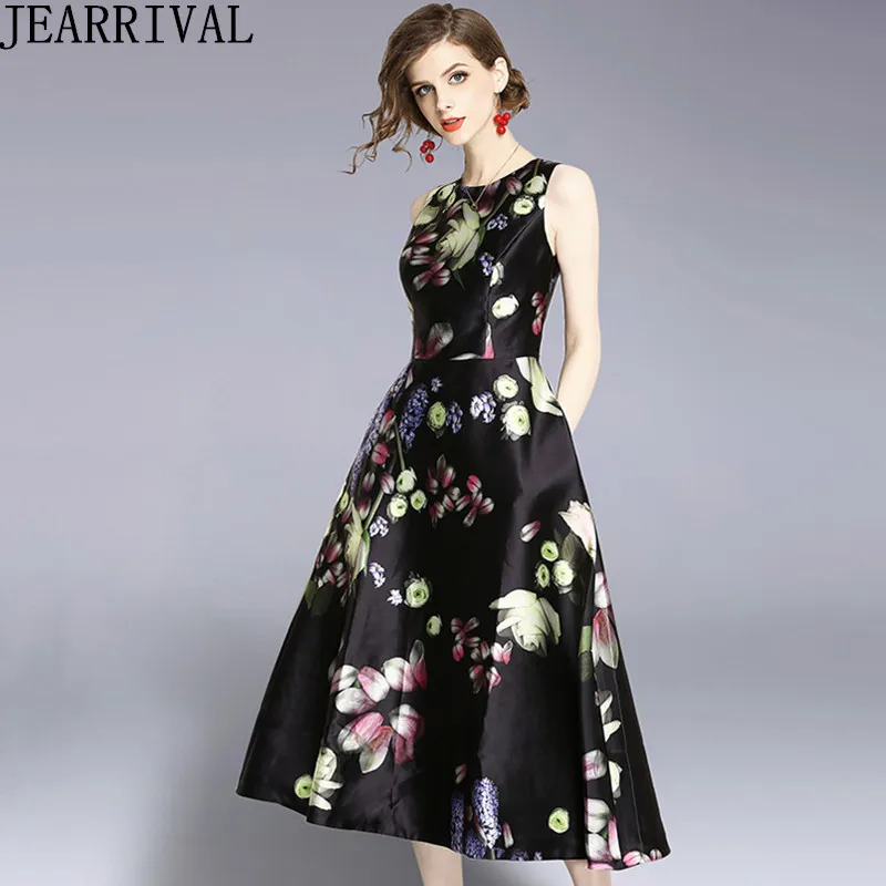

Vintage Floral Summer Dress Women's 2019 New Fashion Elegant O-Neck Sleeveless Ball Gown Casual Office Party Dress Vestidos