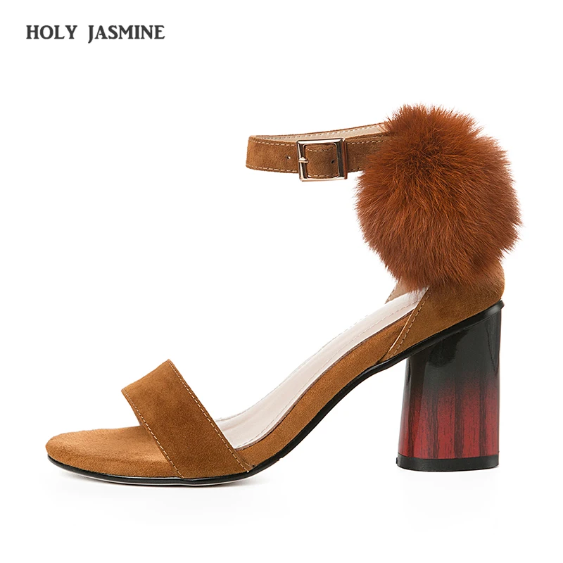 

2019 Summer New Fashion Arrival Charming Colorful Hair Bulb Decoration Sandals Cross Tied Genuine Leather Thin High Heels Shoes