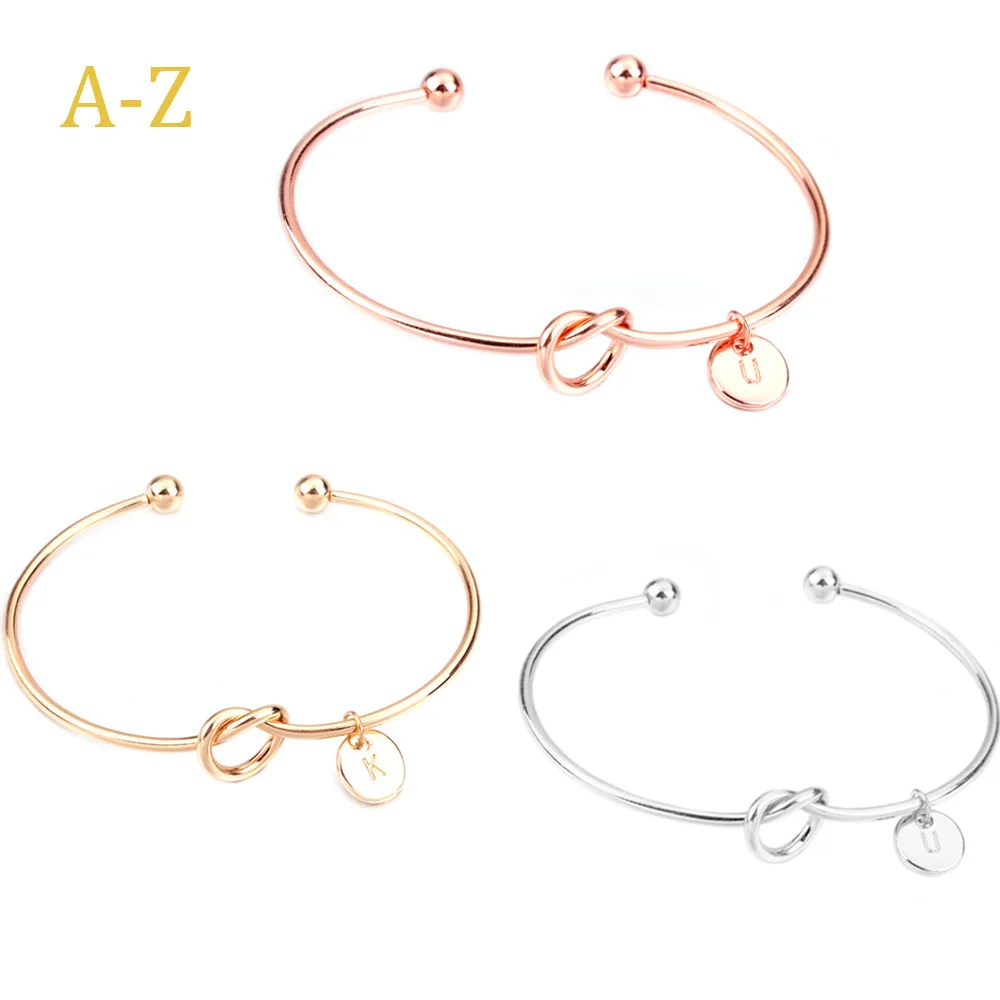 

A-Z Disc Initial Letter Knot Bracelet Bangle for Women Girl Silver Gold Rose Gold Color Letter Bracelet Love Gift Drop Shipping