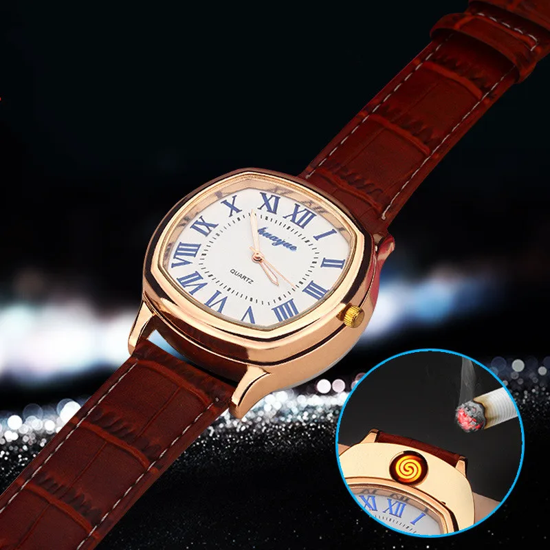 

Rechargeable Flameless USB Lighter Watches relogio masculino Windproof Cigarette Lighter Clock Men Quartz Wristwatches Gift box