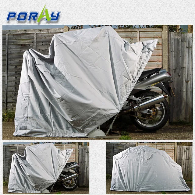 Best price at $218 Cheap Poray new silver coating Waterproof Motorcycle Cover 600D oxford bike storage tent