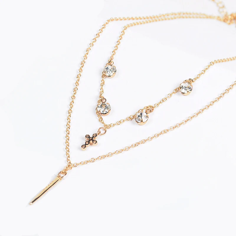 Vintage Statement Bohemain Jewelry For Women Handmade Mulit Chains Cross Necklace Layered Chain Gold Color Crystal Necklaces (3)