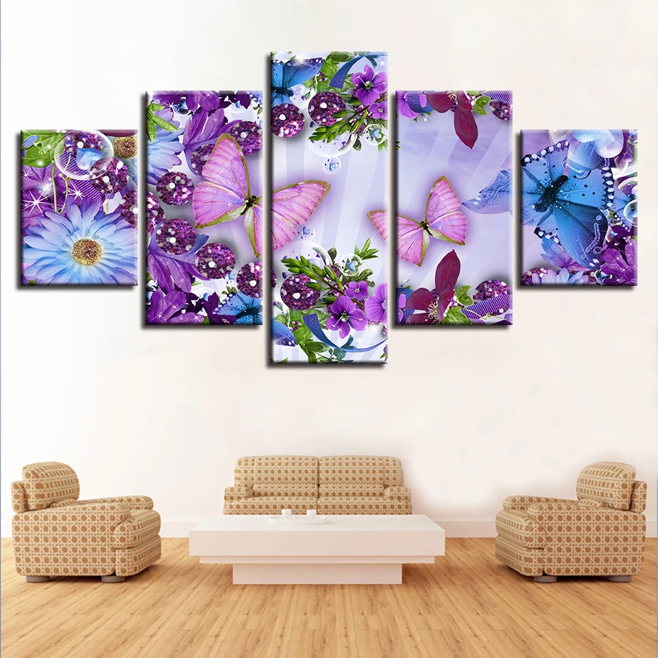 

Posters Decor Pictures Framework HD Printing 5 Pieces Beautiful Butterfly And Colorful Flowers Paintings Modular Canvas Wall Art