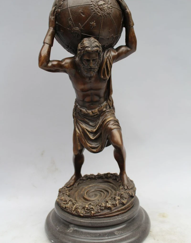 

13" Western ART Pure Bronze Marble Great Men carry the earth Statue Sculpture