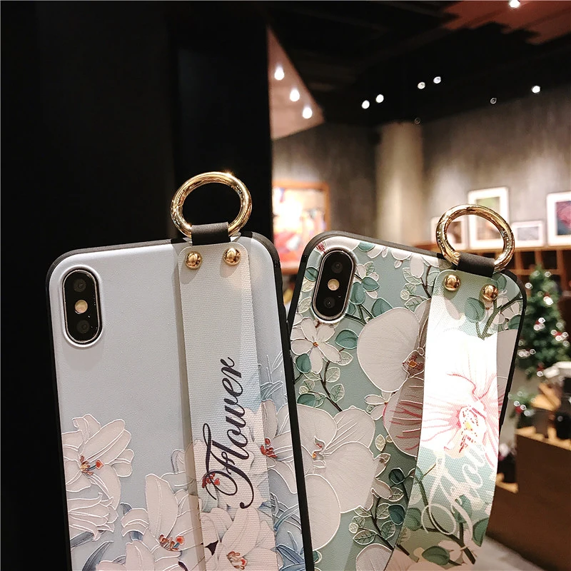 4 SoCouple Wrist Strap Phone Case For iphone 7 8 6 6s plus Case For iphone X Xs max XR Relief Flower Floral Pattern Soft TPU Case