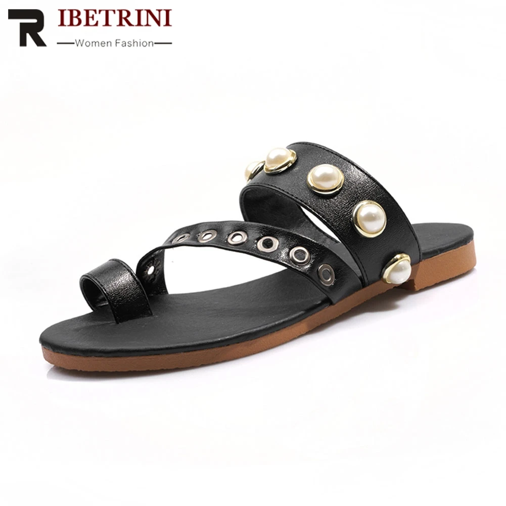 

RIBETRINI 2019 Hot Sale Big Sizes 34-50 New Elegant String Bead Women Shoes Woman Summer Sandals Woman