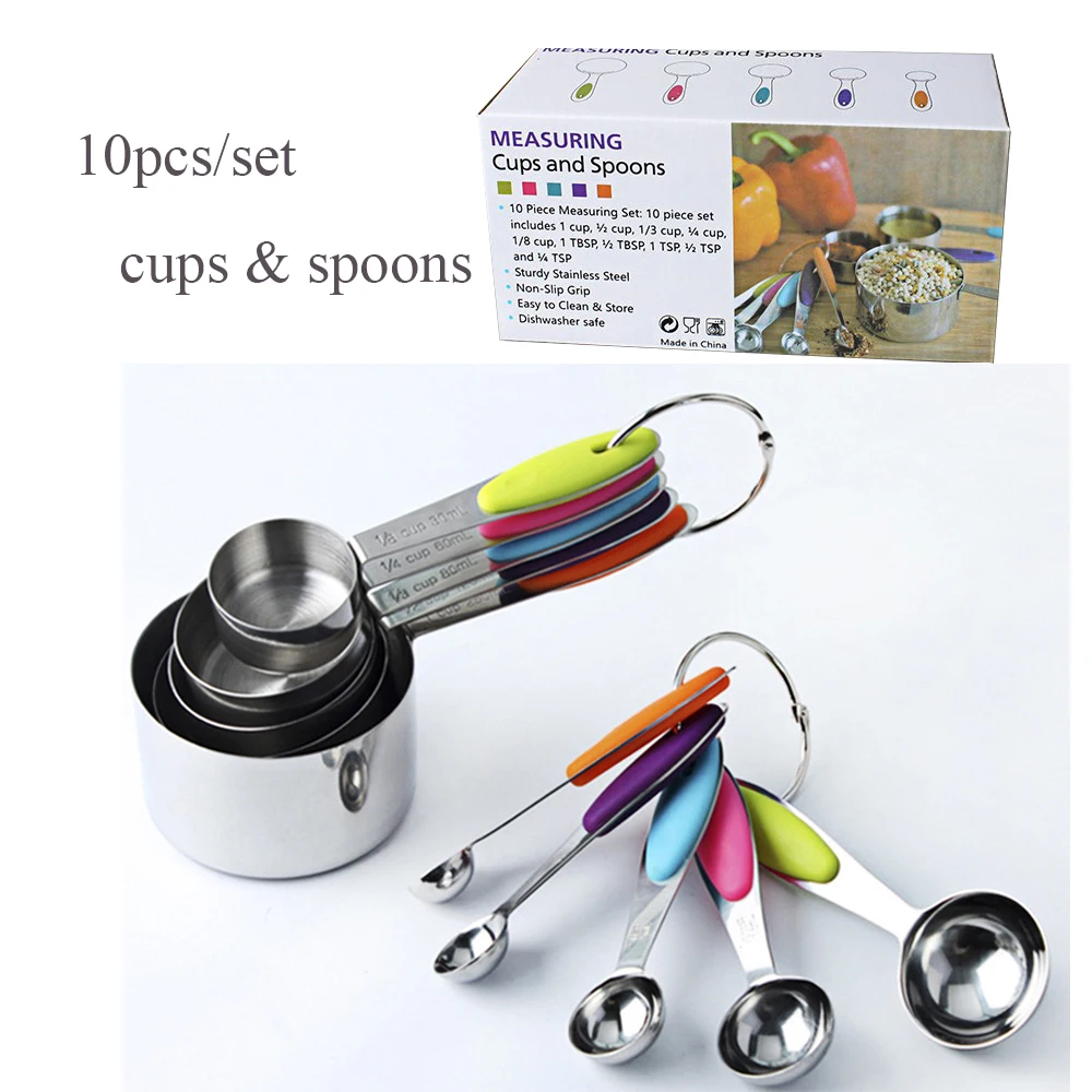 

10pcs/set Stainless Steel Kitchen Measuring Cups and Spoons Set with Comfortable Silicone Handle Baking Scale Measuring Tools