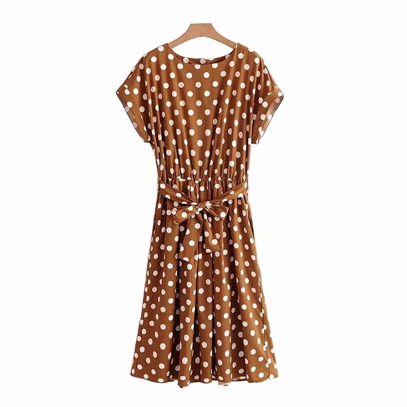 

2018 women vintage o neck short sleeve polka dot bow tied sashes midi dress ladies vestidos retro casual slim chic dresses DS837