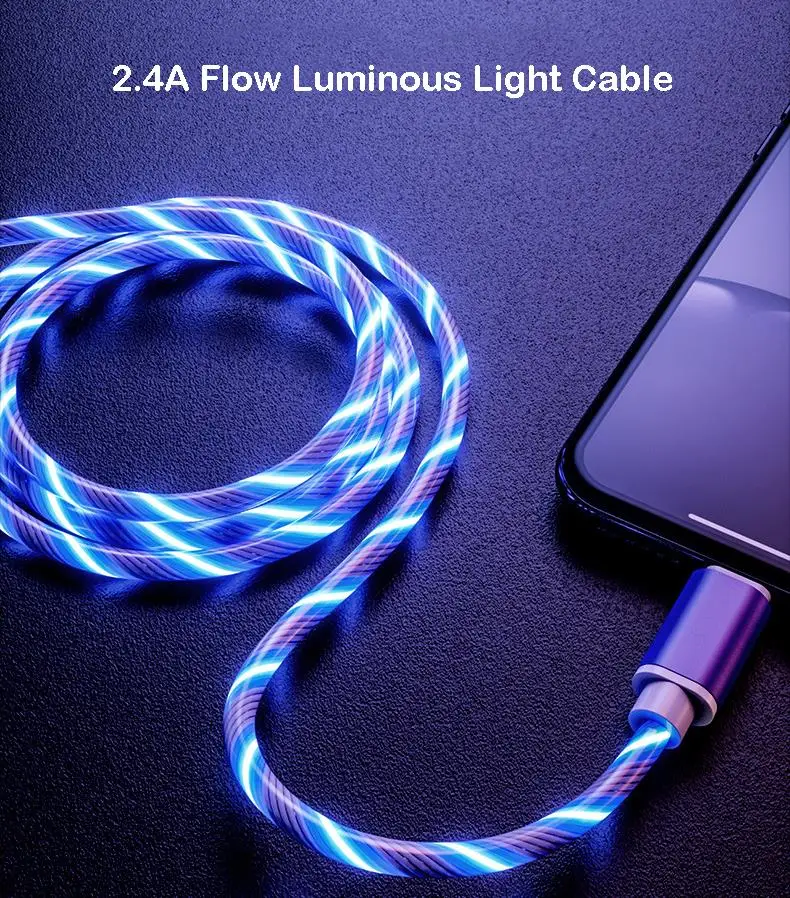 2.4A светящийся кабель быстрой зарядки для iPhone XS Max XR X 8 7 6s Plus SAMSUNG Xiaomi течёт GlowType-C Micro USB провод