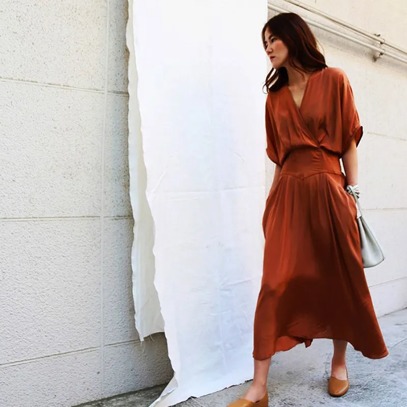 

2019 Summer Women V Neck Solid Casual Dress Batwing Sleeve High Waist Long Dress Runway Pockets Loose Maxi Dress