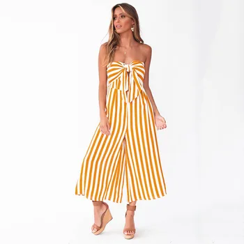 

Body Rushed New Lace Solid Bodysuit Women Free Shipping 2020 Summer Stripes Jumpsuit Off-the-shoulder Chest Bow Wide-leg Pants