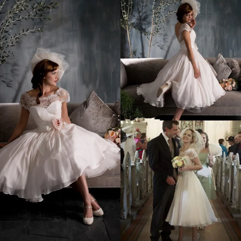 

Romantic Church Tea Length Wedding Dresses With Sash Appliqued Lace Sheer Sexy Bridal Gowns Cap Short Sleeve Vestido de noiva