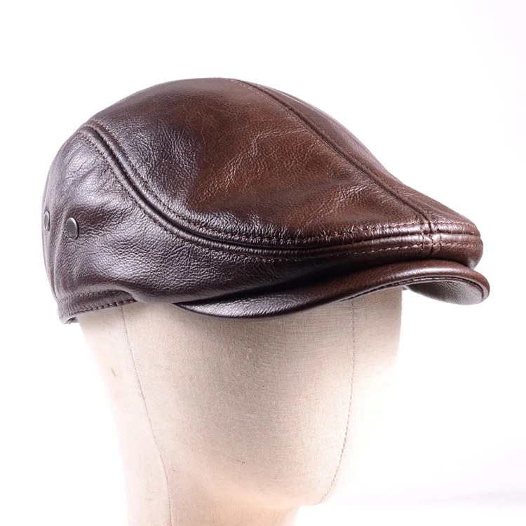 100% Real Leather Men's Winter Warm Earflaps Cowhide Miliitary Army Beret Golf Cap Newsboy Hat/cap mens berets for sale Berets