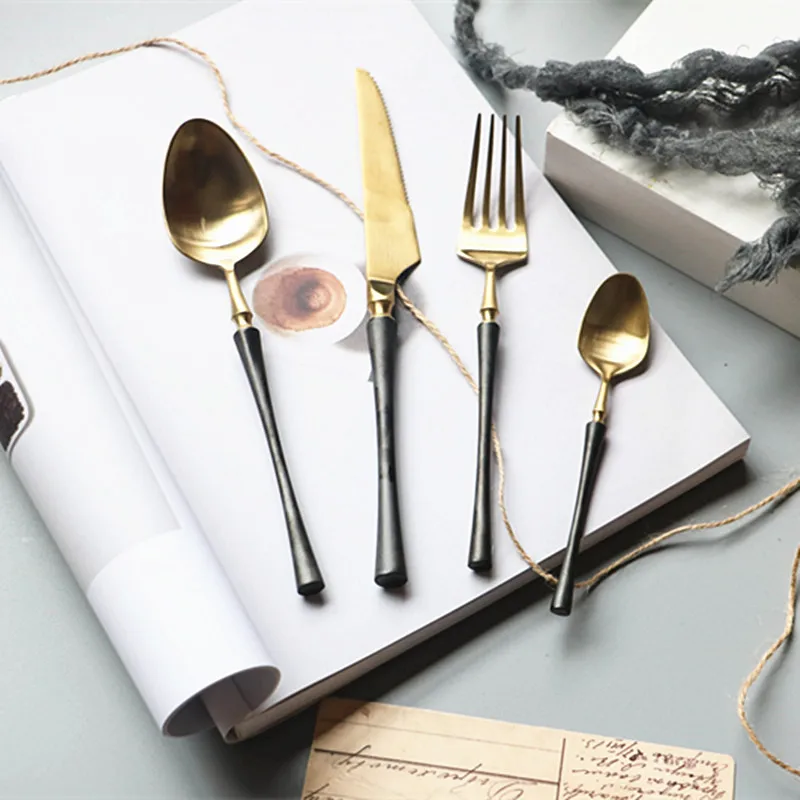 

Dinnerware Set Stainless Steel Vintage Black Silver Gold Knife Fork Tableware Set Cutlery Coffee Handle Western Food Set 4pcs