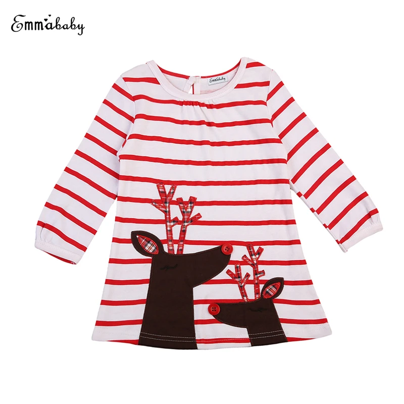 

2017 Christmas Girl Dress Baby Girl Striped Dresses Long Sleeve Reindeer Cotton Dresses Kids Dress For Girls Xmas Vestidos 1-7Y
