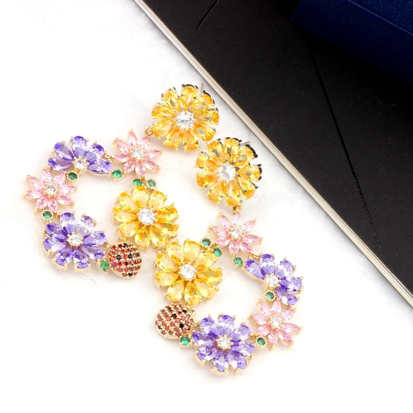 

Fashion Summer Colorful Flower Drop Earrings for Women Crystal Zircon Gold Filled Earings Silver needle Bohemian Jewelry