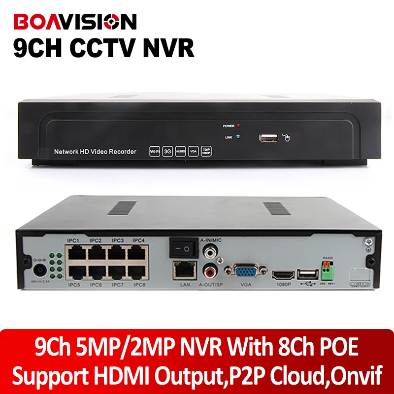  1U Housing Onvif Full HD 9CH 5MP 3MP 1080P 48V Real POE NVR All-in-one Network Video Recorder For 5MP PoE IP Cameras P2P Cloud 